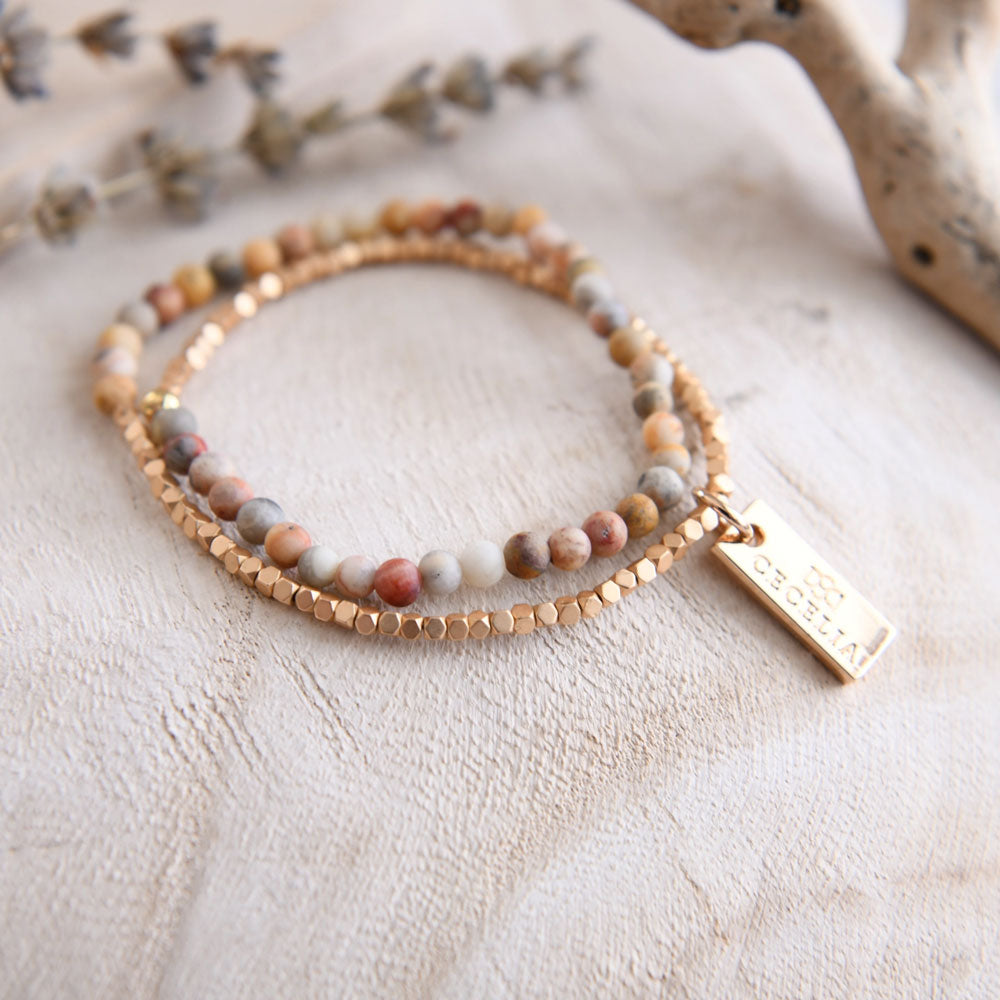 Verrückter Spitzenachat und Gold Double Wrap Armband - Cecelia Designs Jewelry