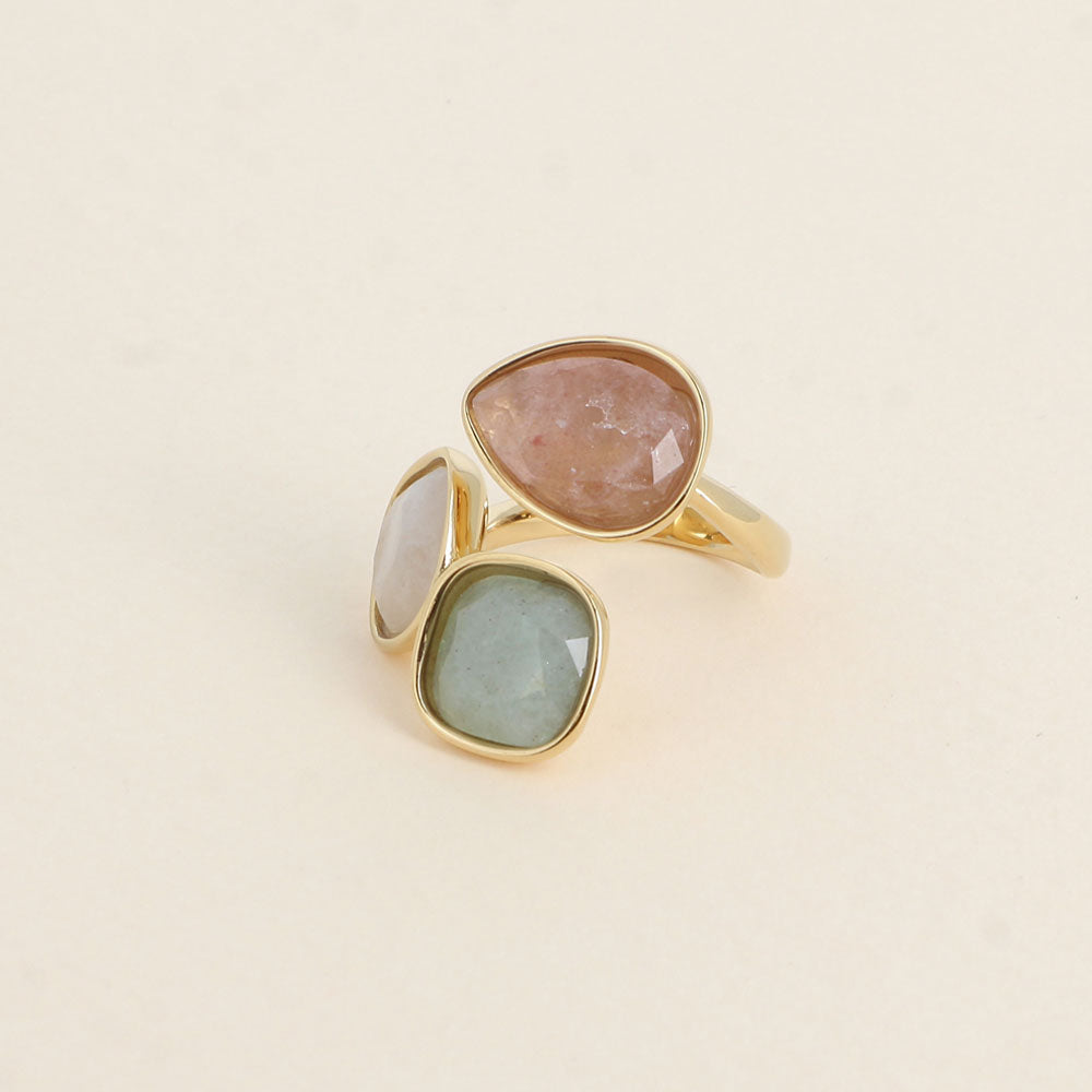 Idrissa Edelstahlring mit Erdbeerquartz, Amazonit & Weißer Achat - Bohm Paris
