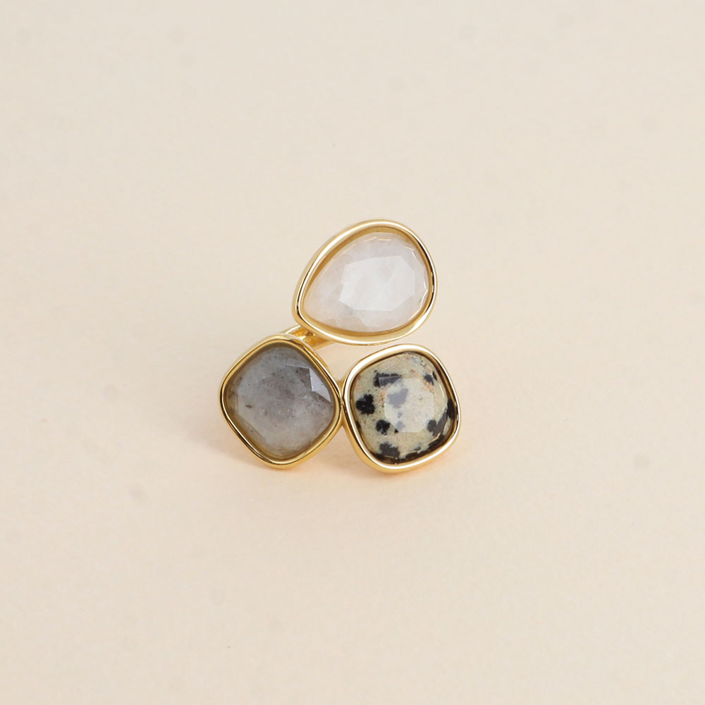 Idrissa Edelstahlring mit Dalmatiner Jaspis, Labradorit & Weisser Achat - Bohm Paris