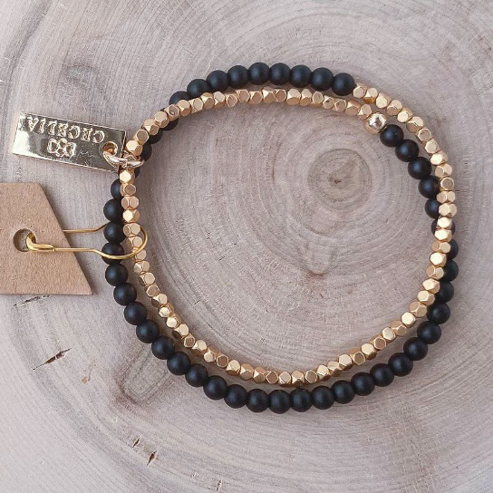 Schwarzer Achat und Gold Double Wrap Armband - Cecelia Designs Jewelry - Lessful